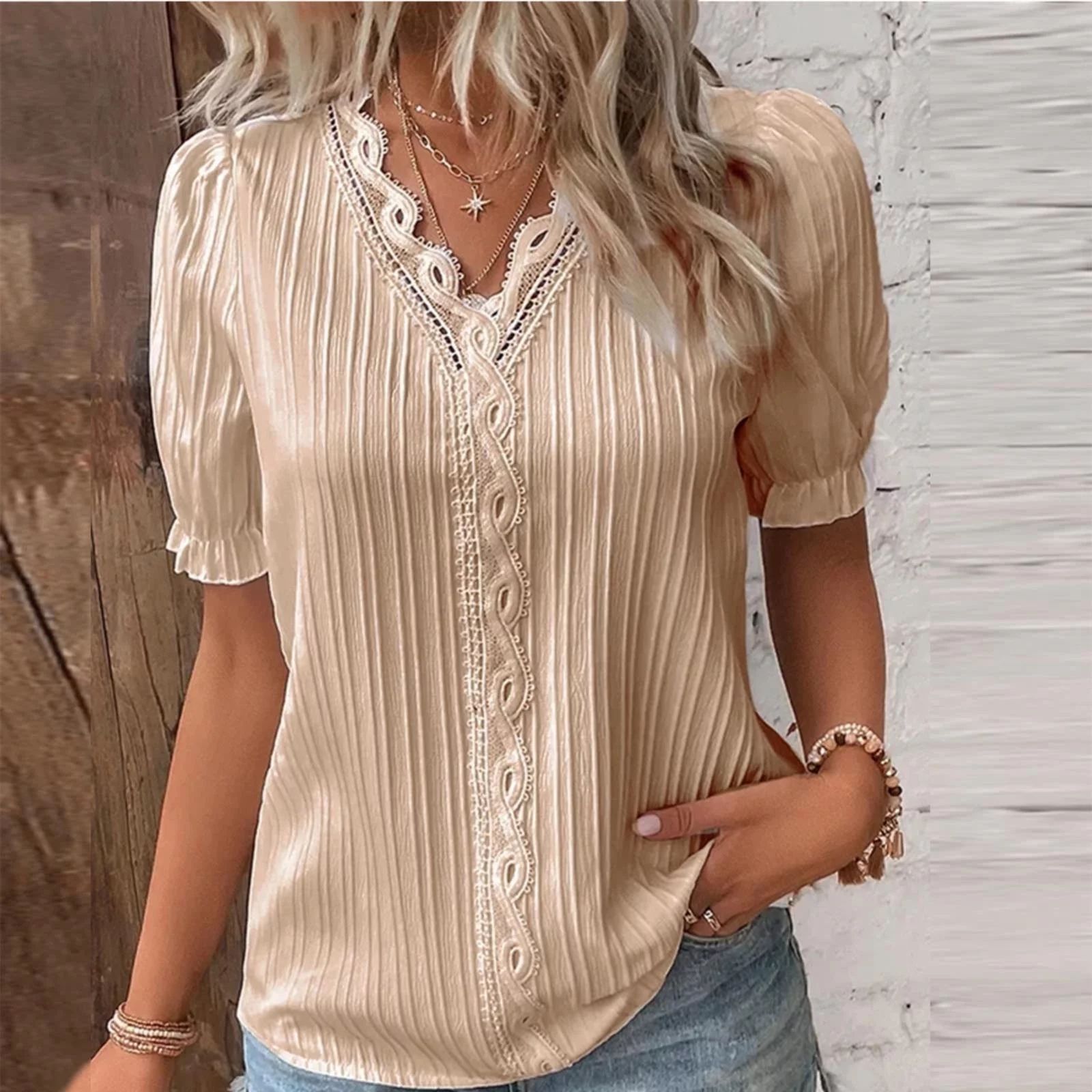 Khaki Plus Size Blouses For Women Summer Lace V Neck Plain Lace Elegant Shirt Fashion Solid Color... | Walmart (US)