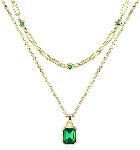 Secroma Gold Layered Necklaces for Women, 18k Gold Plated Crystal Necklace Paperclip Choker Emera... | Amazon (US)