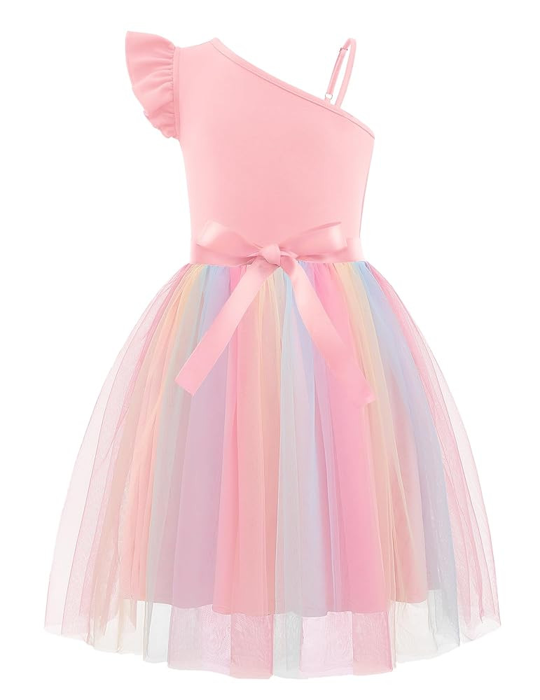 Arshiner Girls Dresses Summer One Shoulder Ruffle Sleeveless Formal Fancy Party Birthday Tulle Dr... | Amazon (US)