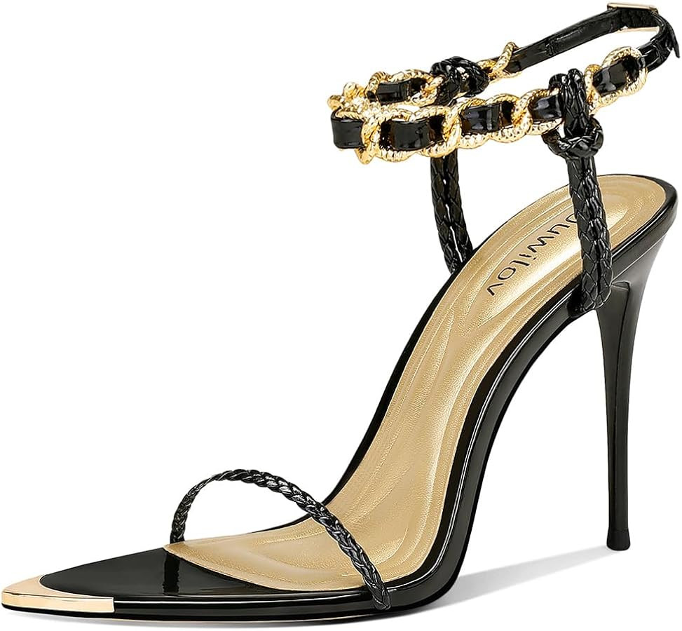 Black Pumps for Women Gold Chain Ankle Strap Open Toe Pointed Toe Stiletto High Heels for Formal ... | Amazon (US)