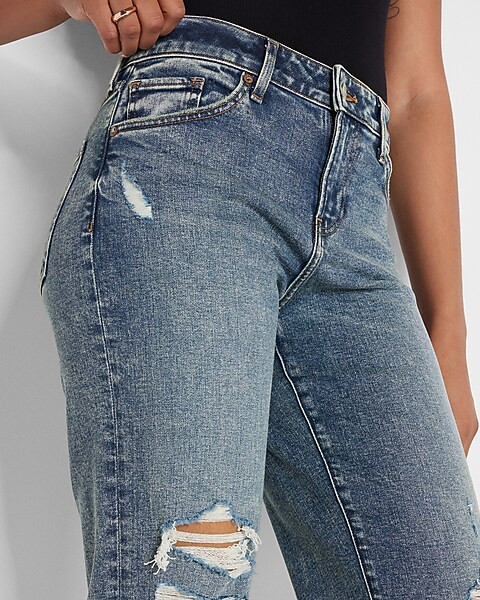 Mid Rise Medium Wash Ripped 90s Ankle Boot Jeans | Express