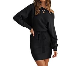 Women's Off Shoulder Batwing Sleeve Sweater Dress Ribbed Knit Bodycon Mini Dresses with Belt | Amazon (US)