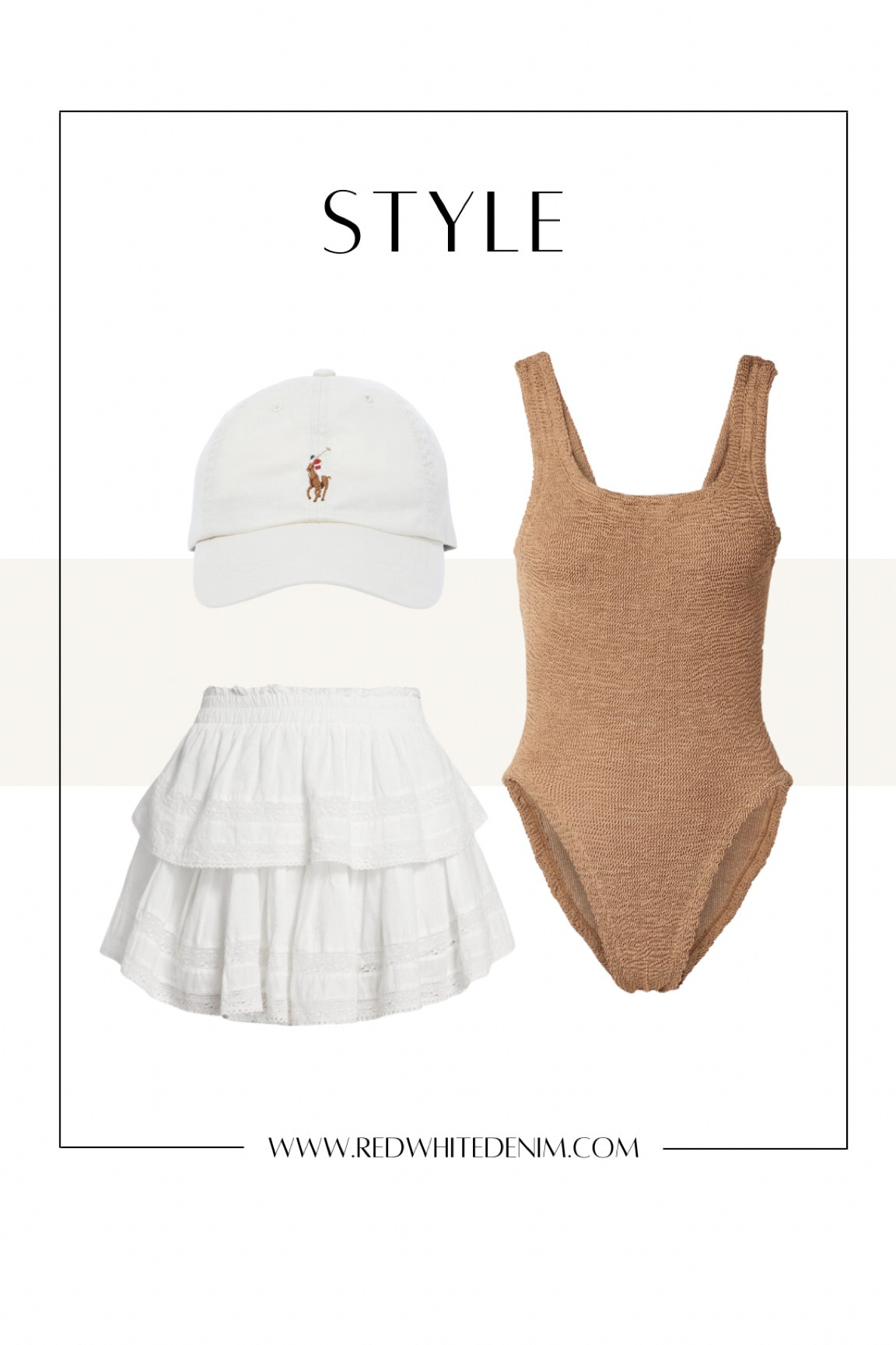 Mom Style Beach Uniform Hunza G Square Neck Swimsuit Crinkle Loveshackfancy Skirt Polo Ralph Lauren Cap 