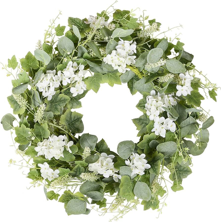 YNYLCHMX 18" Spring Wreaths for Front Door Summer Wreath with White Flowers Grapevines Green Euca... | Amazon (US)