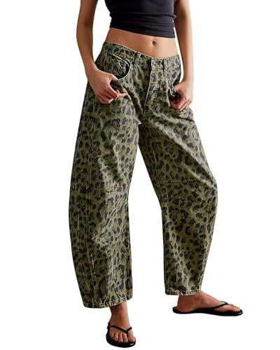 TERIVEEK Women Barrel Leopard Jeans Casual Mid Rise Ankle Wide Leg Pants Y2K Baggy Boyfriend Denim Harem Pants with Pockets | Amazon (US)