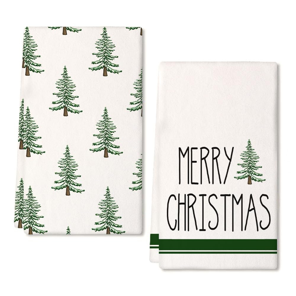 Merry Christmas Kitchen Towels Set of 2,Green Xmas Tree Snow Dish Hand Towels Holiday Home Indoor... | Amazon (US)