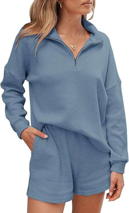 KIKIBERRY Womens Waffle Knit Lounge Set Half Zip Long Sleeve 2 Piece Pajamas Loungewear Matching ... | Amazon (US)