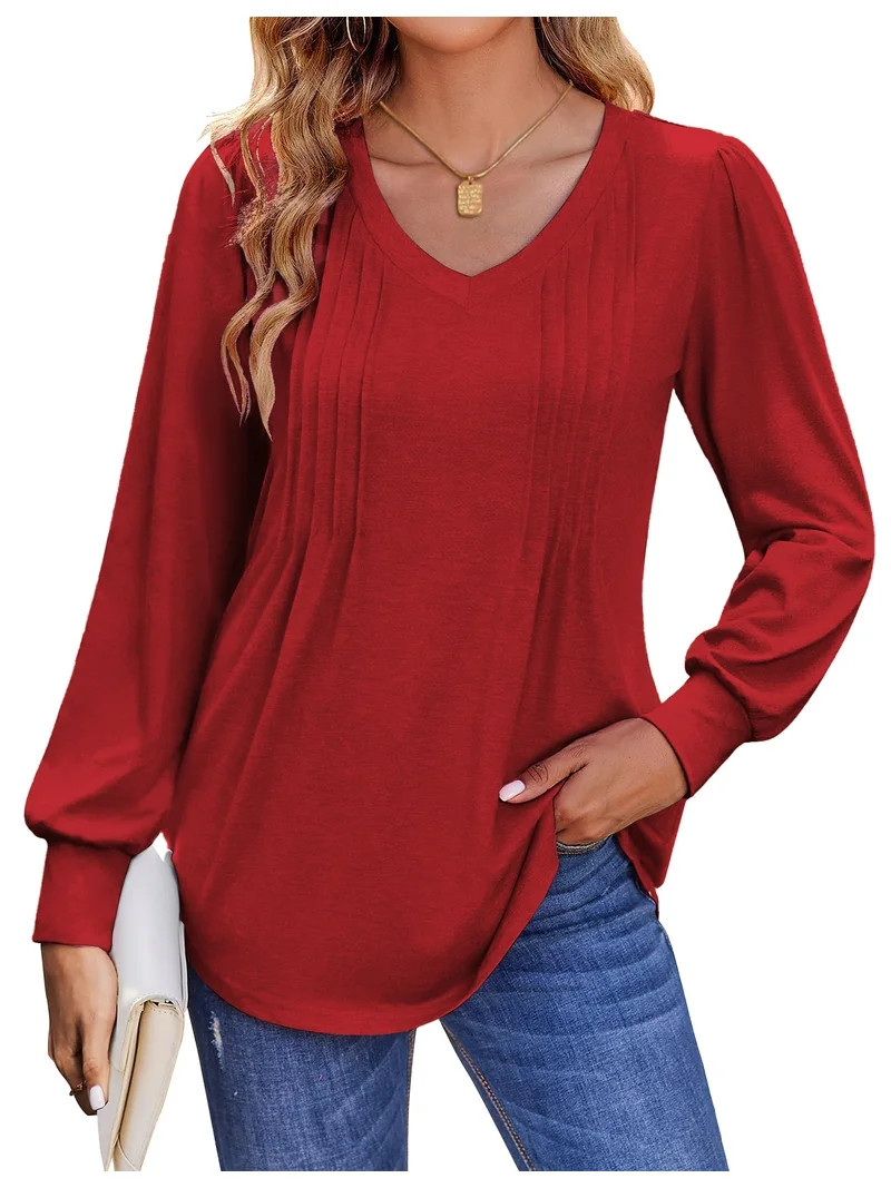 Fantaslook Long Sleeve Shirts for Women Fall Tops Dressy Casual Blouses Pleated V Neck Tunic Tops | Walmart (US)