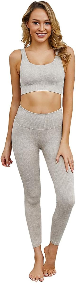 Women Active Wear Workout 2 Piece Set Ribbed Seamless Leggings Sports Bra Set | Amazon (US)