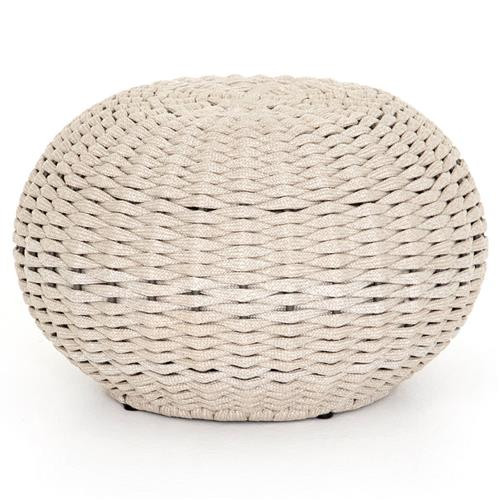 Airah Coastal Beach White Woven Rope Outdoor Ottoman | Kathy Kuo Home
