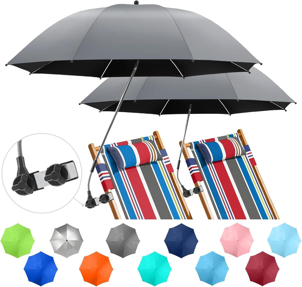 2 PACK Beach Umbrella with Clamp, 360 \u00b0 Adjustable Umbrellas for Chair, UPF50+ Umbrella for ... | Amazon (US)