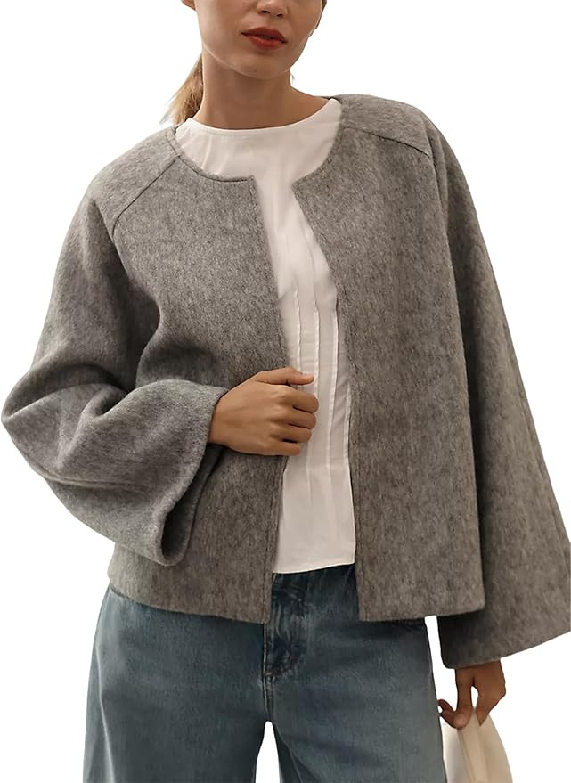 Qiaomai Womens Cropped Pea Coat Long Sleeve Open Front Winter Wool Blend Jackets Overcoat | Amazon (US)