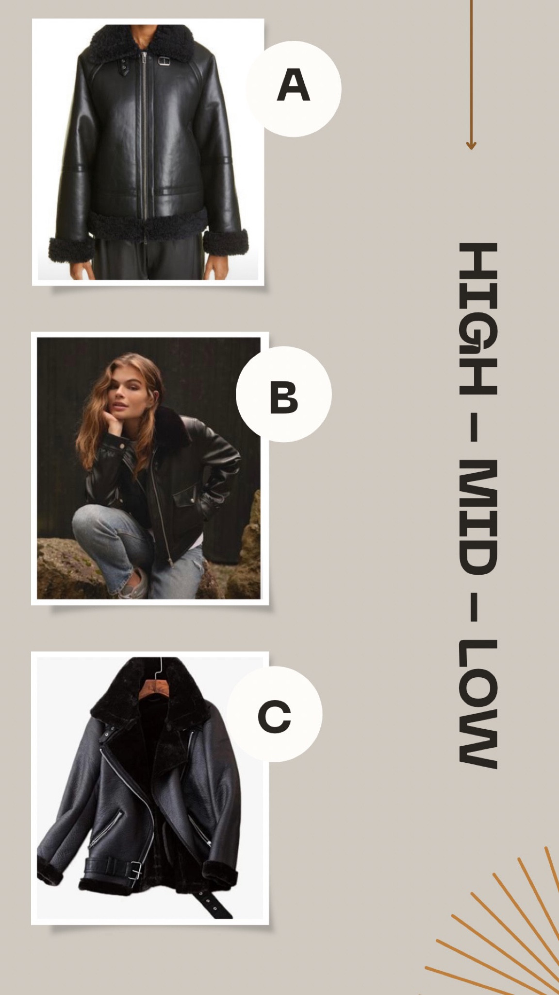 Looking for a fall / winter coat? Here are some trending coats you’ll love, no matter what your budget. 
First up the shearling moto jacket 

A - high - Nordstrom 
B - mid - Dynamite 
C - low - Amazon 

All options linked below 