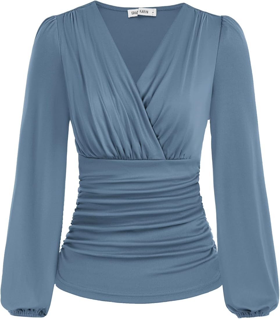 GRACE KARIN 2024 Womens Tops Elegant Wrap Blouse V Neck Work Shirts Fall Fashion Long Sleeve Dres... | Amazon (US)