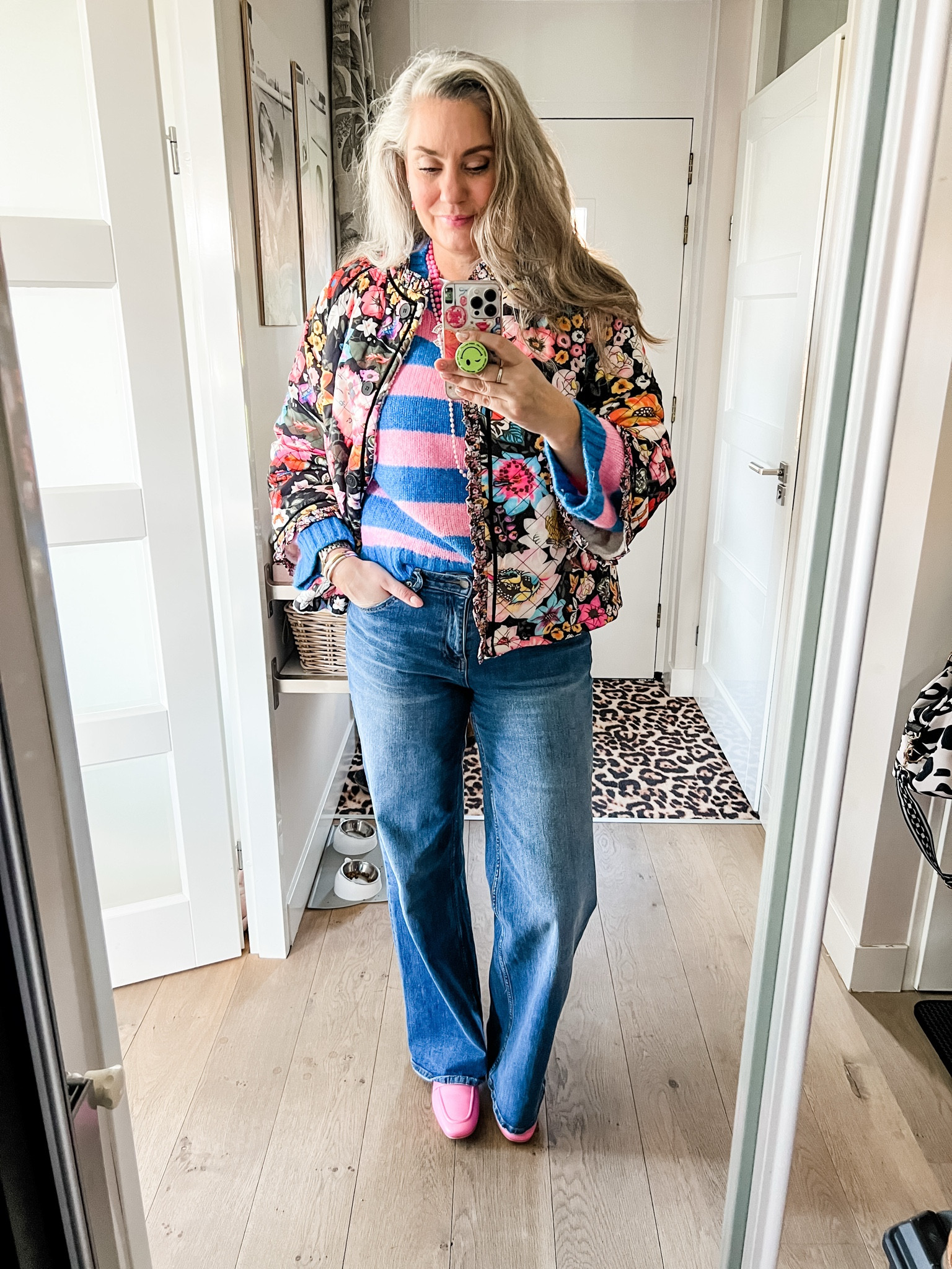Ootd - blue wide legged jeans (Shoeby), pink and blue striped jumper, thrifted necklaces, pink loafers and a floral quilt jacket (local boutique). 

#LTKnederlands #LTKeurope #LTKFashionMonth