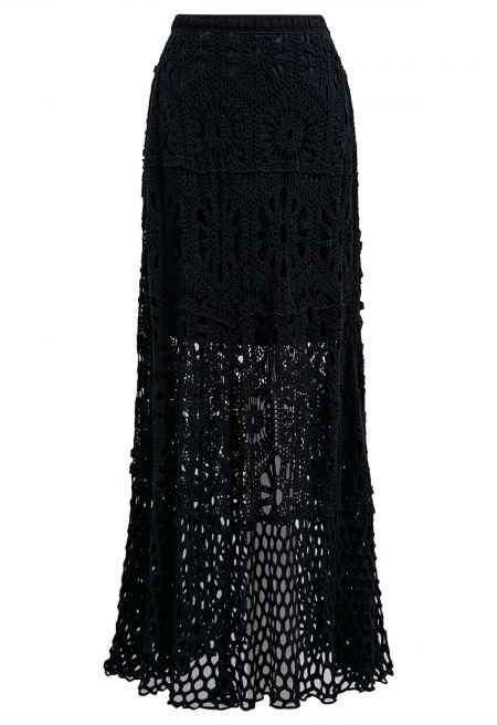 Bohemian Cutwork Crochet Maxi Skirt in Black | Chicwish
