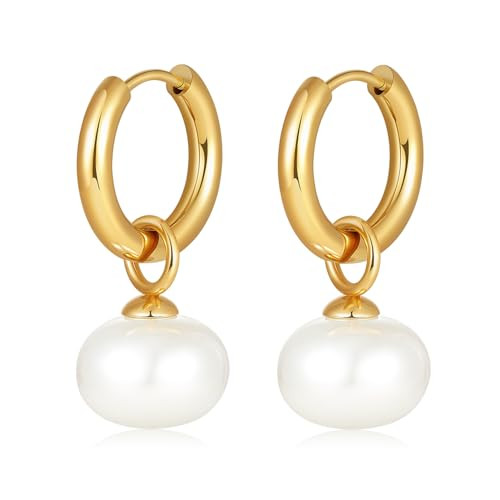 8YEARS Chunky Hoop Earrings, 18K Gold Plated Thick Gold Hoops, Hypoallergenic, Trendy Jewelry for Gift (Shell Pearl Drops) | Amazon (US)