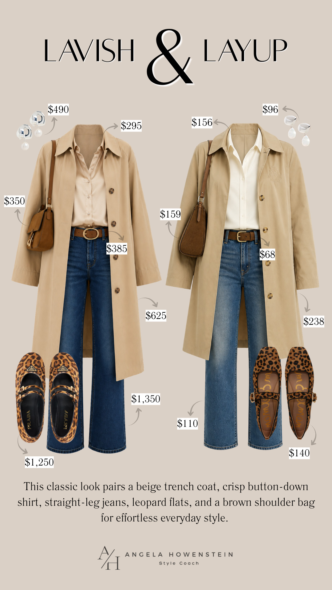 Today's Lavish & Layup features two classic trench coat outfits, one with designer investment pieces and one with affordable alternatives that deliver the same polished look. A beige trench, straight-leg jeans, a crisp button-down, leopard flats, and a brown shoulder bag create an outfit you'll wear season after season.

👩‍💻 LTK PRO TIPS
❤️ Heart = Support my posts ;-)
🔖 Save = Get sale & restock alerts for the things you love!
📋 Lists = Keep favorites organized.
📲 Share = Send lists and products to a friend.
💬 Comment = Ask me anything, and I'll answer. ;-) 

 #LTKgrwm #LTKOver40 #LTKSaleAlert