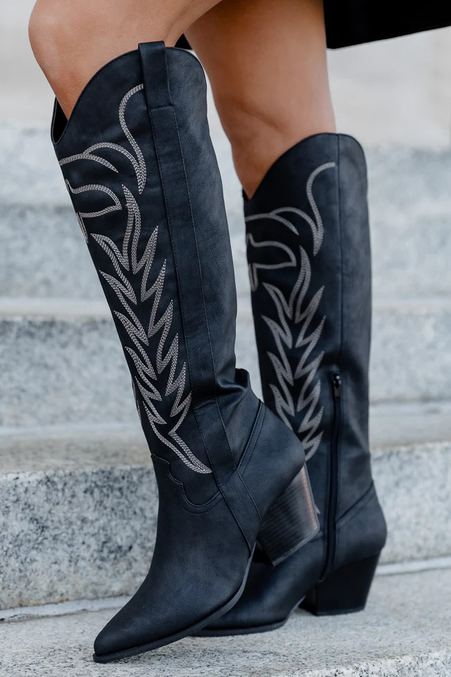 Shania Black Cowboy Boots With Contrast Stitching SALE | Pink Lily