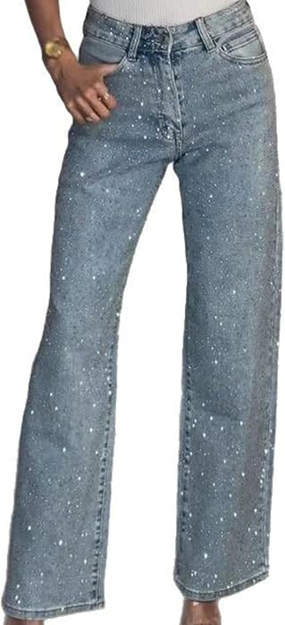 Famnbro Womens Rhinestone Jeans Baggy Y2K Wide Leg Sparkly Denim Pants | Amazon (US)