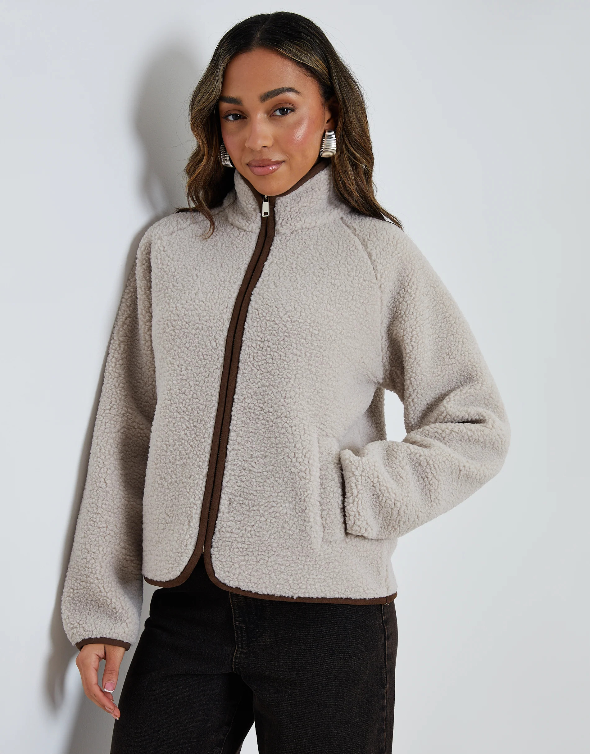 Mushroom Brown Zip Through Collared Borg Fleece | Threadbare