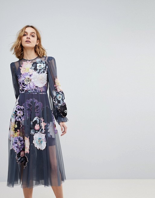 ASOS EDITION Smock Dress with Applique Embellished Flowers | ASOS UK