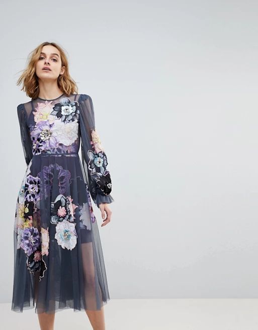 ASOS EDITION Smock Dress with Applique Embellished Flowers | ASOS UK