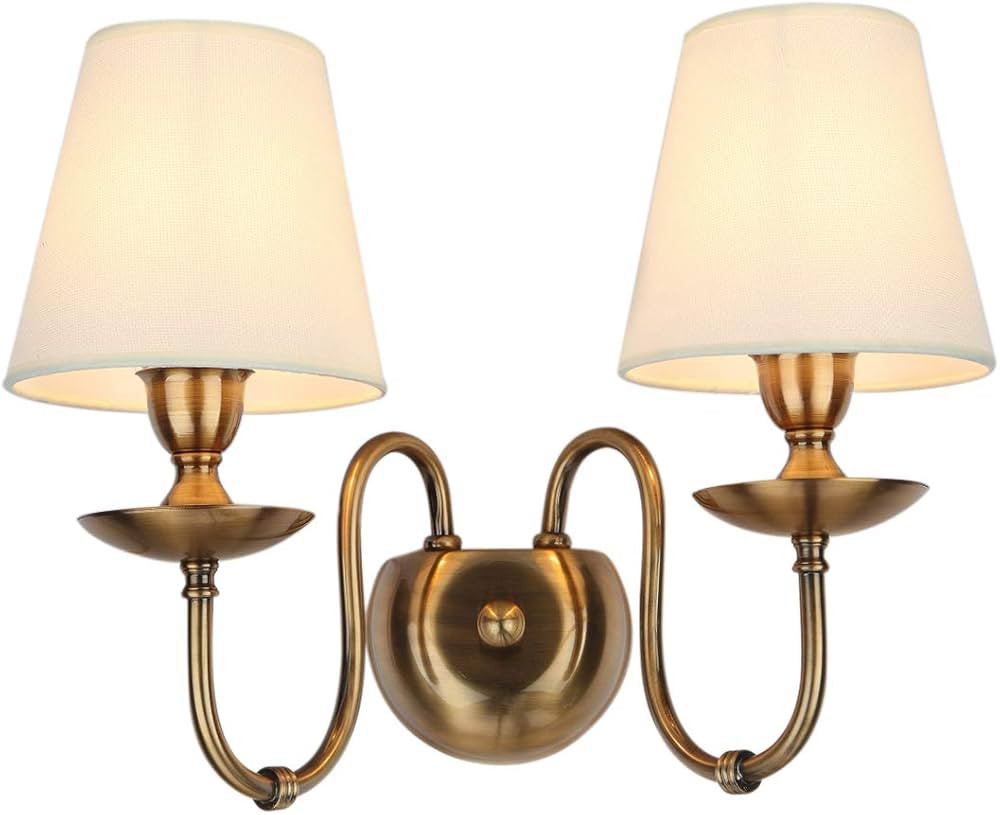 Aiwen 2-Light Bedroom Wall Lamps Polished Solid Brass Finish Wall Lights with White Flax Fabric S... | Amazon (US)