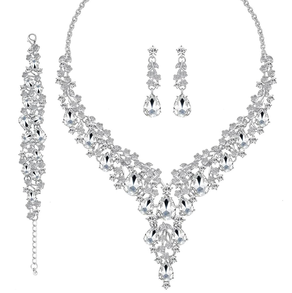 Bridal Wedding Jewelry Set for Women, Teardrop Statement Necklace Dangle Earrings Bracelet Set, R... | Amazon (US)