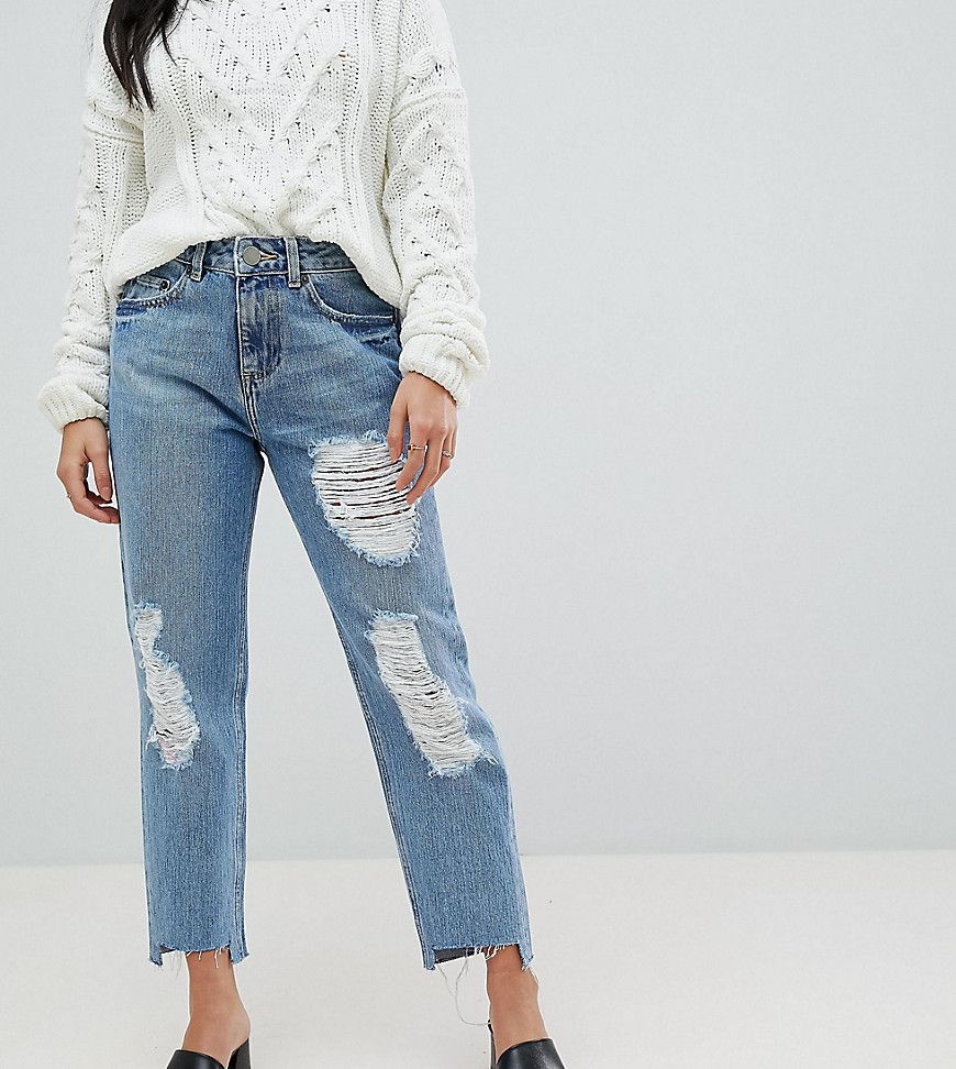 ASOS PETITE Original Mom Jean in Phoebe Wash with Rips and Stepped Hem - Blue | ASOS US