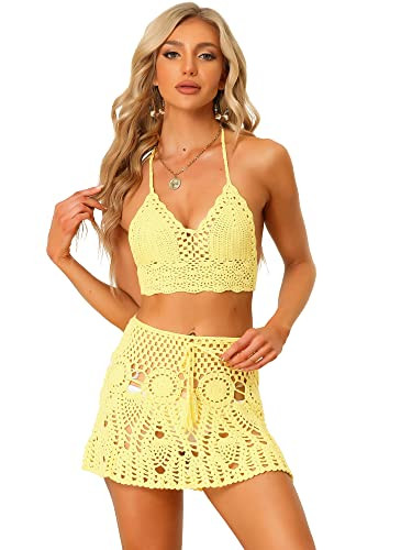 Allegra K Women's 2 Pieces Bikini Set Hollow Out Cami Top Mini Skirt Summer Beach Crochet Knit Se... | Amazon (US)