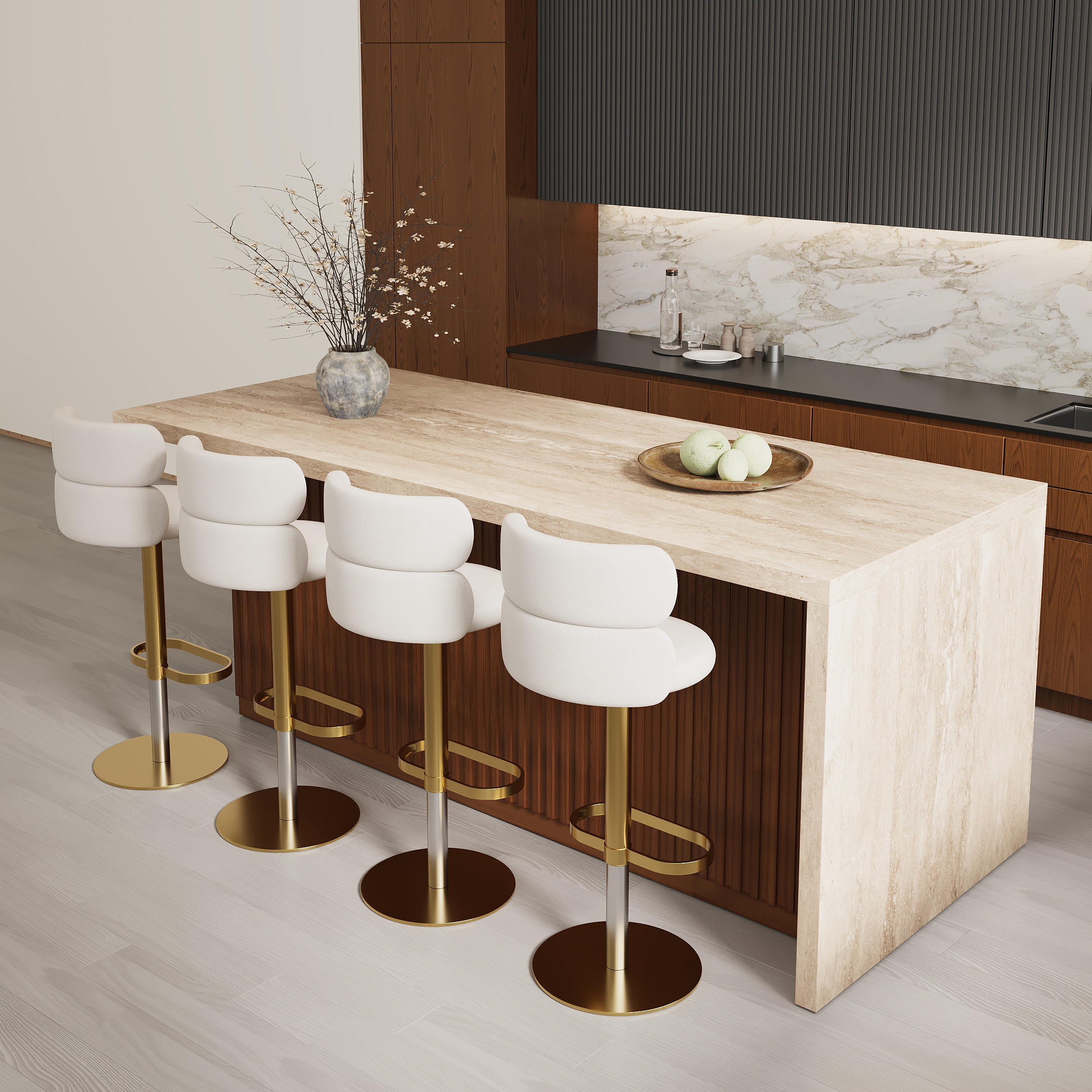 72"" Large Kitchen Island Marble Veneered Top with Storage Walnut Modern Kitchen Cabinet | Homary