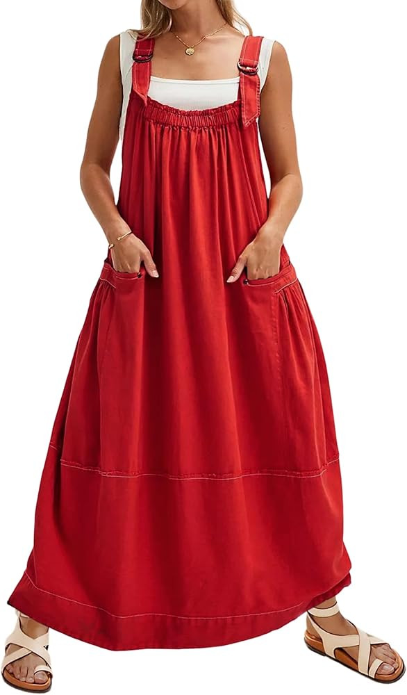 Hooever Barrel Overall Dress for Women Loose Adjutable Strap Big Pockets Jumper Dress Midi Bib Ov... | Amazon (US)