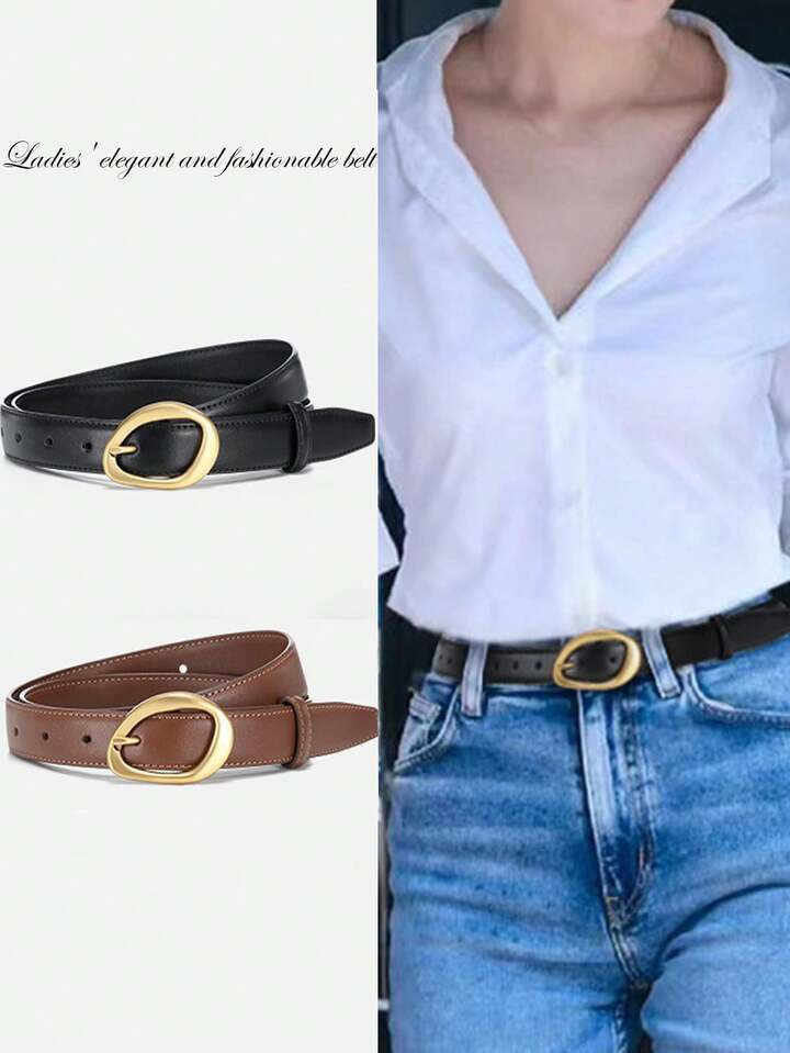 2pcs Gold Buckle Women's Belt, Elegant And Fashionable Belt For Women, Suitable For Jeans, Casual Pants, Dresses | SHEIN