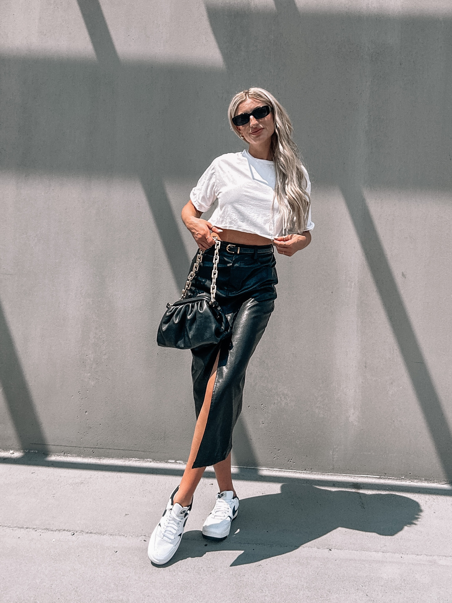 Leather skirt shop and sneakers outfit