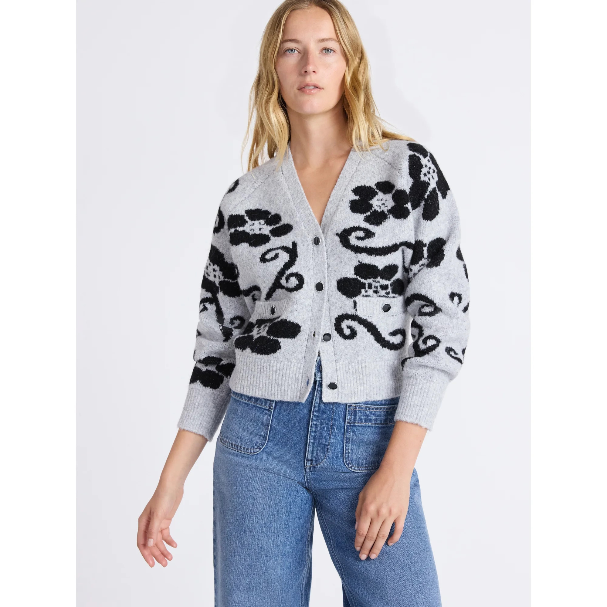 Free Assembly Women’s Floral Pattern V-Neck Cardigan Sweater, Midweight, Sizes XS-XXL | Walmart (US)