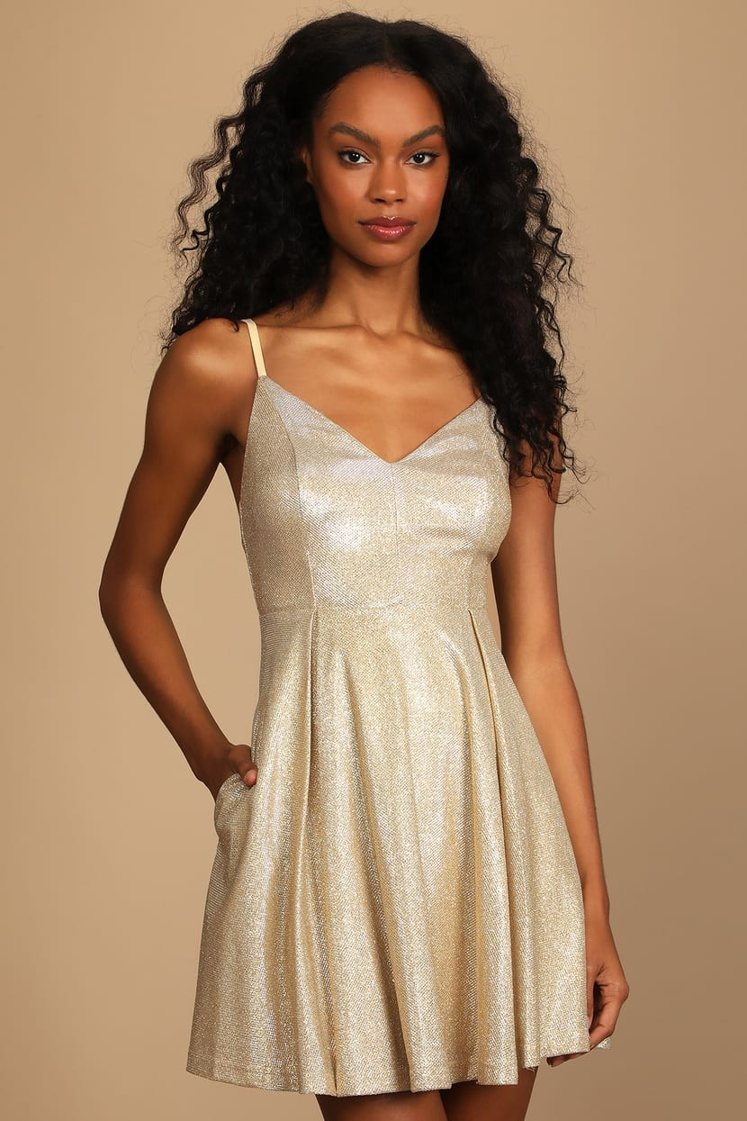 Lookout Weekend Sparkly Gold Skater Dress | christmas party dress | christmas party dresses | Lulus (US)