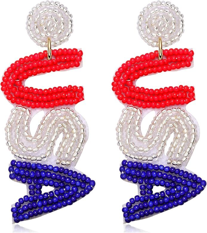 American Flag Earrings Beaded 4th of July Patriotic Earrings for Women Handmade USA Windmill Star He | Amazon (US)