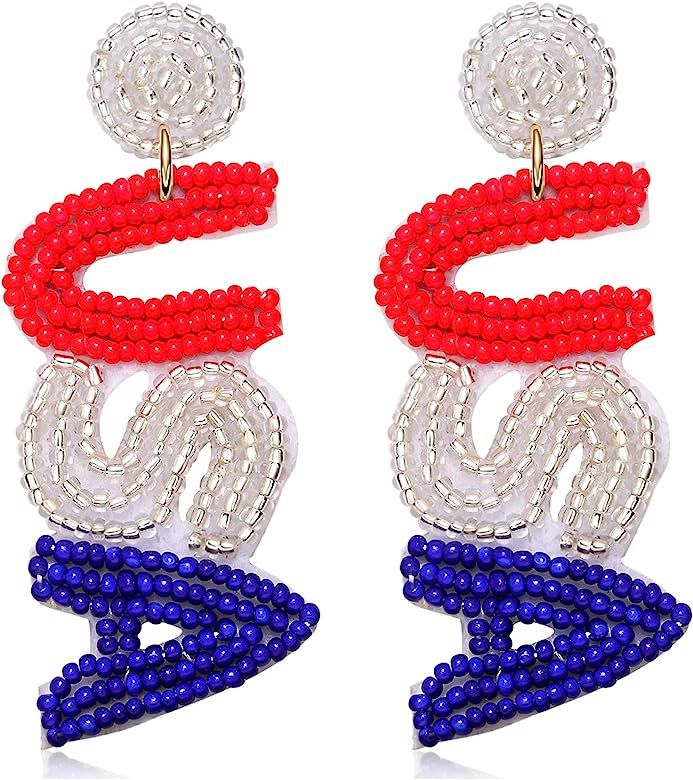 American Flag Earrings Beaded 4th of July Patriotic Earrings for Women Handmade USA Windmill Star He | Amazon (US)