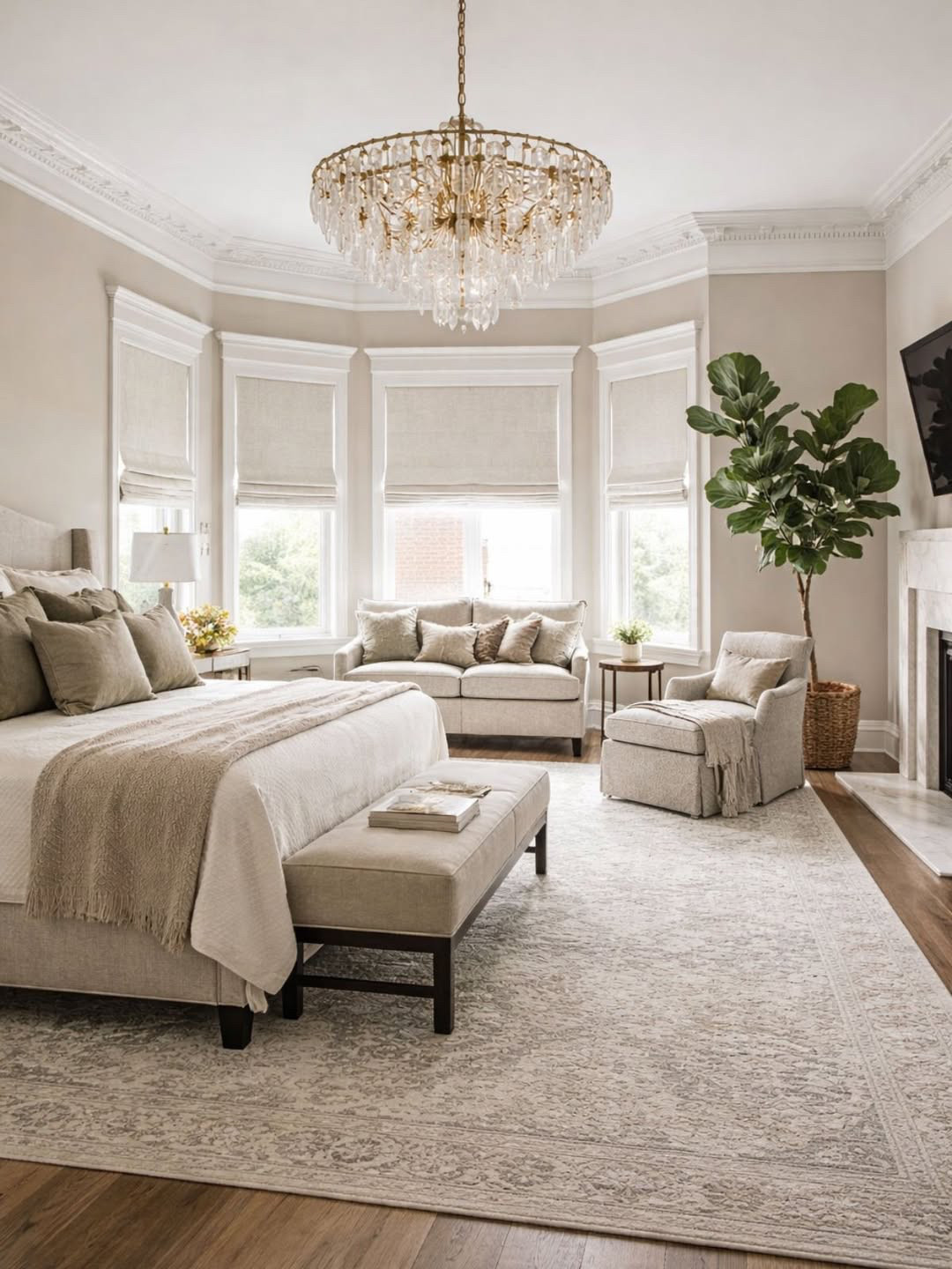 Soft neutrals and elegant details make this bedroom feel calm and elevated 🤍 The layered bedding, upholstered bench, and classic crystal chandelier create a beautiful balance of cozy and sophisticated. Love how the bay windows with Roman shades bring in natural light while the accent chair and sofa seating add a relaxing lounge moment. Linking similar finds for neutral bedding, chandeliers, bedroom benches, accent chairs, and vintage-style area rugs to recreate this serene look.

#neutralbedroom #bedroomchandelier #upholsteredbed #bedroombench #accentchair #bedroomseating #vintagearearug #romanblinds #neutralhomedecor #classicbedroom #cozybedroomdecor #bedroomlighting #beigebedroom #elegantbedroom 

 #LTKHome