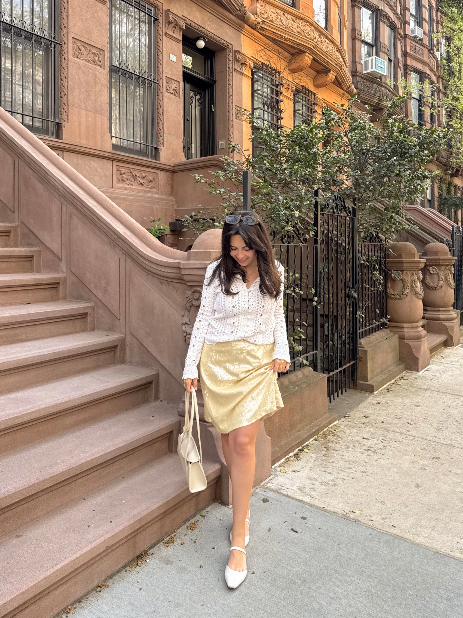 eyelet blouse paired with a yellow sequin midi for that perfect high/low mix—casual up top, statement on the bottom. styled with cream slingbacks and a structured tote to keep it feeling polished for daytime.

#LTKootd #LTKSeasonal