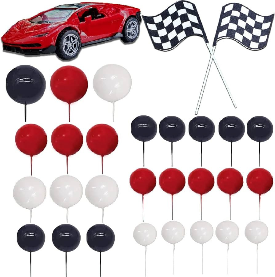 30PCS Race Car Cake Toppers Checkered Flag Race Car Birthday Decoration with Red Black White Ball... | Amazon (US)