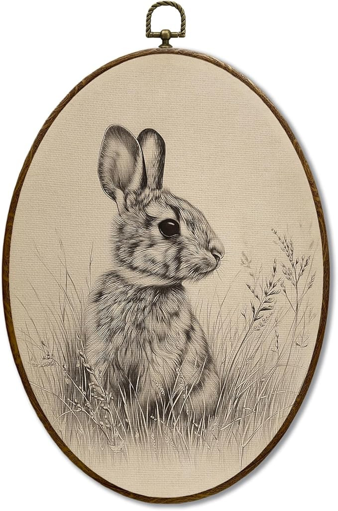 JQF Vintage Easter Bunny Oval Wall Decor, Easter Bunny Decor, Neutral Country Sketch Oval Canvas ... | Amazon (US)