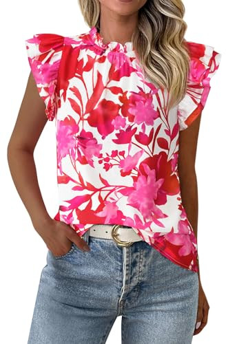 PRETTYGARDEN Women's Ruffle Short Sleeve Summer Tops 2026 Spring Trendy Floral Trim Neck Casual Dressy Chiffon Boho Blouses Cami Shirts (White Red Flower,XXL) | Amazon (US)