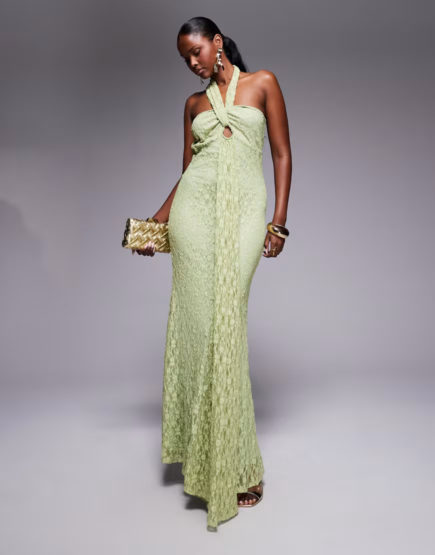 ASOS DESIGN halter with cross front detail maxi dress in green | ASOS (Global)