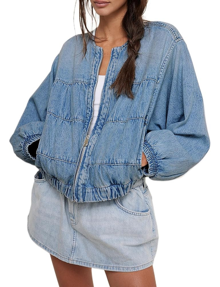 Lumister Womens Cropped Jean Jacket Oversized Zipped Long Sleeves Demin Jacket | Amazon (US)