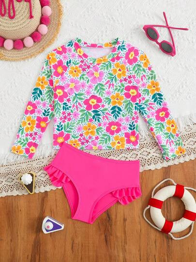 SHEIN GraphicGems Young Girls Tankinis, Cute Pink Floral Print Knit Fabric Sleeveless Tankini Swi... | SHEIN