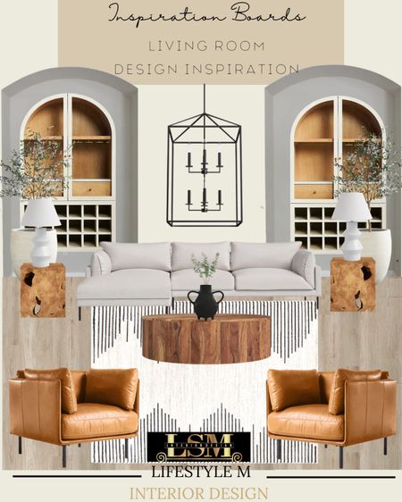 Living room design inspiration. Recreate the look at home. Brown leather accent chair, white sofa section, wood round coffee table, wood end tables, living room white strip rug, table lamp, white wood cabinet, white tree planter pot, faux fake tree, black lantern pendant, black vase, faux fake plant, wood floor tile. 

#LTKstyletip #LTKhome #LTKFind