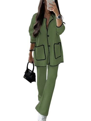 HOULENGS Women's 2 Piece Outfits Button Down Contrast Cardigan Sets Wide Leg Long Pants Lounge Sets Tracksuit Green Small | Amazon (US)