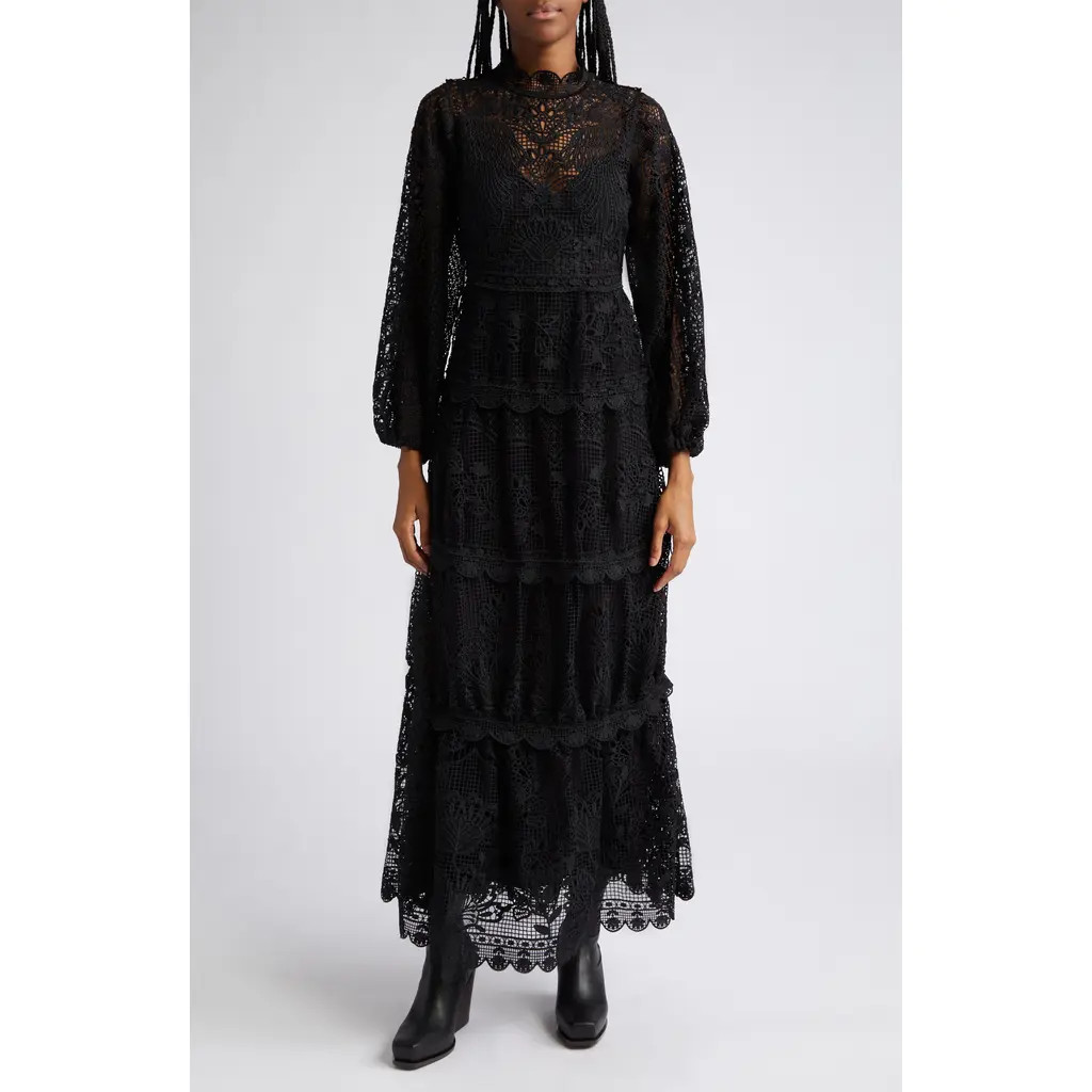 FARM Rio Long Sleeve Guipure Lace Maxi Dress in Black at Nordstrom, Size Small | Nordstrom